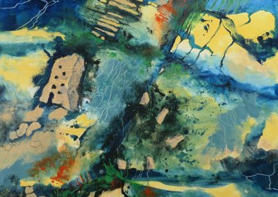 Image of Stanton Moor, Peak District, Nine Ladies and the Cork Stone acrylic mixed media painting by Roger Griffiths completed in 2022.