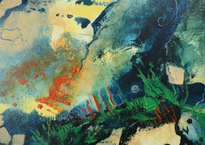 Close detail of Stanton Moor, Peak District, Nine Ladies and the Cork Stone acrylic mixed media painting by Roger Griffiths completed in 2022.